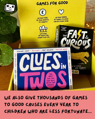 Board games 'Clues in Twos' and 'The Fast and the Curious' displayed. Yellow banner mentions 'Games for Good' and donation to children in need.