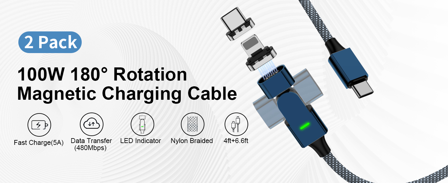 100W 180° Rotation Magnetic Charging Cable