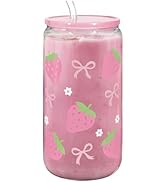 Strawberry 16 Oz Can Glass Tumbler with Acrylic Lid and Straw - Iced Coffee Cups for Women, Aesth...