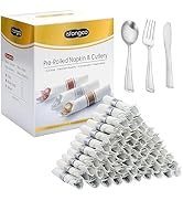 ISFANGCO 50 Pack Pre Rolled Silver Plastic Silverware Set with Napkins,Disposable Wrapped Heavy D...