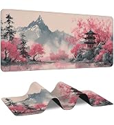Cherry Blossom Large Gaming Mouse Pad,Japanese Mountain Extended Desk Mat with Stitched Edges,Wat...