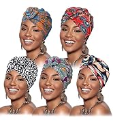 DRESHOW 5 Pack Knotted Headwraps for Women African Turban Pre-Knotted Beanie Headwraps Hair Covers