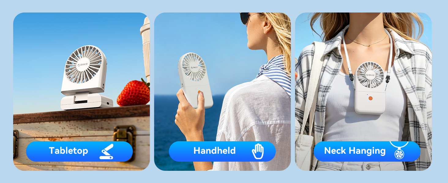 Text reads 'Tabletop,' 'Handheld,' 'Neck-Hanging' with three portable fan products displayed: white desk fan, handheld fan, and neck-hanging fan against blue sky background.
