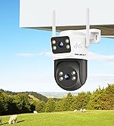 Outdoor security camera system with dual lens black camera unit and white wireless receiver mounted on wooden beam against blue sky and green landscape background.