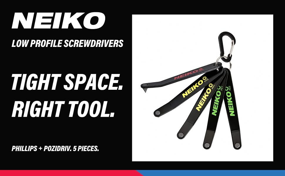 NEIKO low profile screwdriver set with Phillips, Pozidriv and slotted tips on a carabiner
