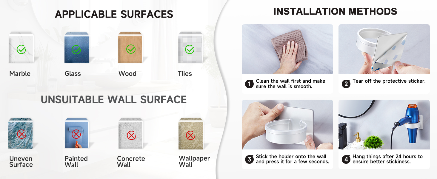 Text reads 'APPLICABLE SURFACES' and 'INSTALLATION METHODS' with instructional icons showing installation steps on different surfaces. Infographic demonstrates wall mounting procedures with cleaning, marking, and adhesive application steps.