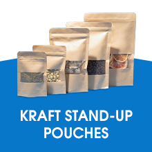 Five sizes of kraft brown pouches lined up from smallest to largest on a blue and white background