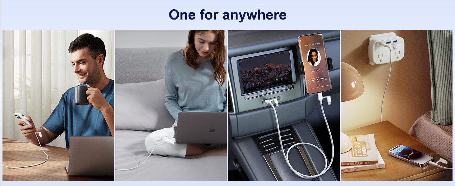 Text reads 'One for anywhere'. Series of lifestyle images showing portable device usage in various settings including home, office, and outdoor environments.