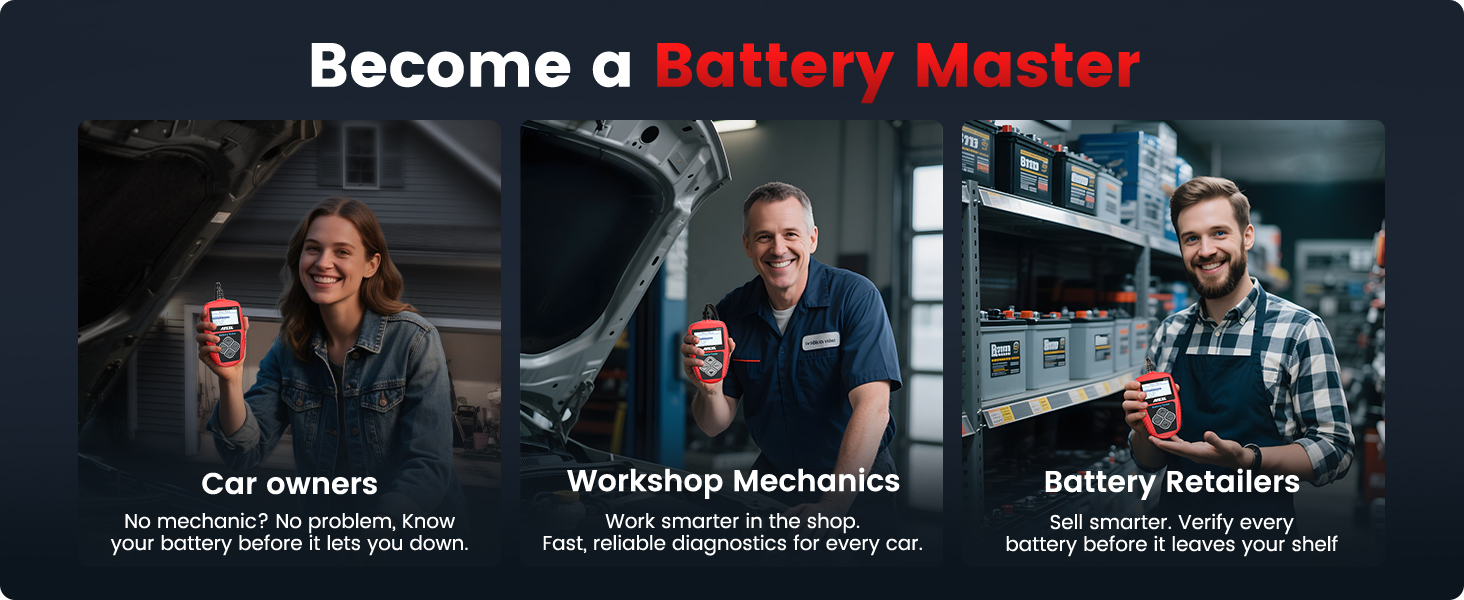 Battery tester used by car owner, workshop mechanics, and battery retailer for reliable diagnostics