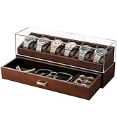 KAMIER High End Wooden Watch Box with 6 Slots & Glass Lid - 2-Layer Jewelry Organizer for Men - W...