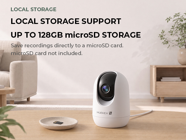 White indoor camera beside a microSD card, illustrating local video storage.