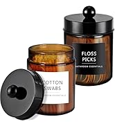 Amolliar Amber Glass Qtip Holder, Apothecary Jars with Black Plastic Lid & Stickers-Bathroom Qtip...