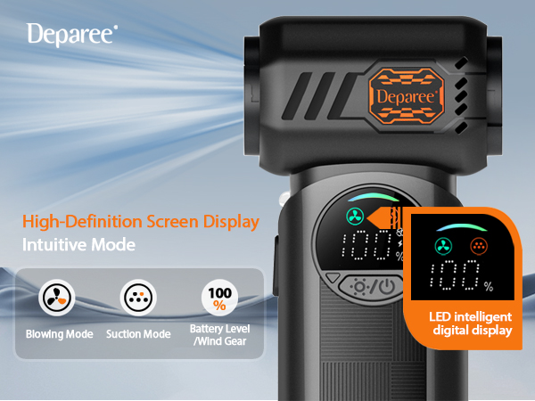 handheld car vacuum with LED screen showing blowing mode suction mode battery and wind level