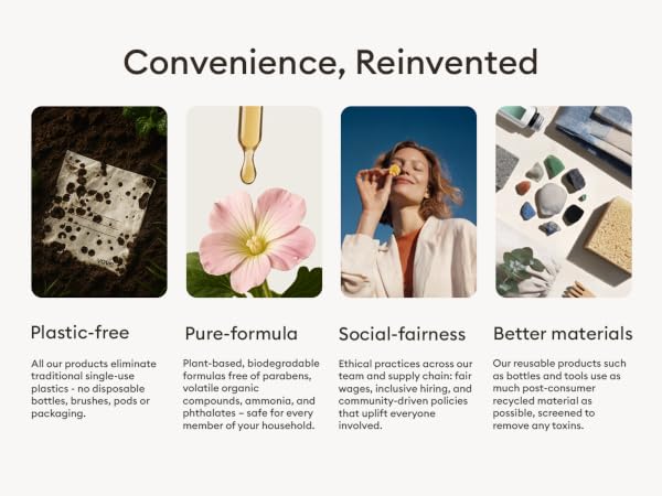 Text reads 'Convenience, Reinvented'. Product features infographic showing icons for 'Plastic-free', 'Pure formula', 'Social fairness', 'Better materials'.
