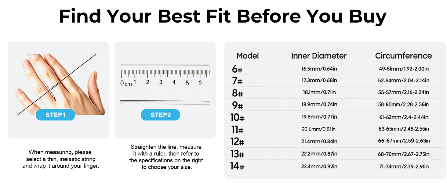 Ring size guide for sizes 6-14 helps measure finger circumference and choose a comfortable fit