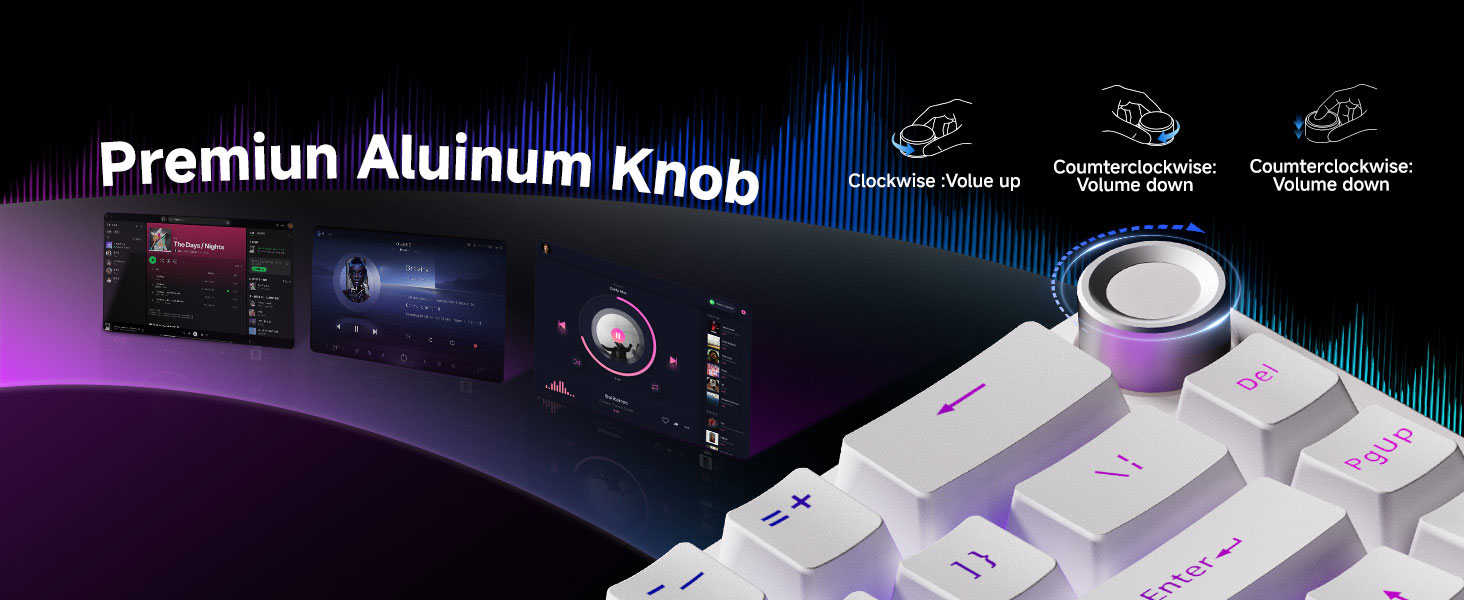 Text reads 'Premium Aluminum Knob'. Gaming keyboard with RGB backlighting and aluminum control knob shown against dark background with purple accent lighting.