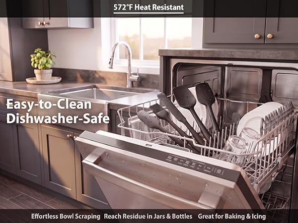 Black silicone kitchen utensils set placed in dishwasher rack, dishwasher-safe, heat resistant