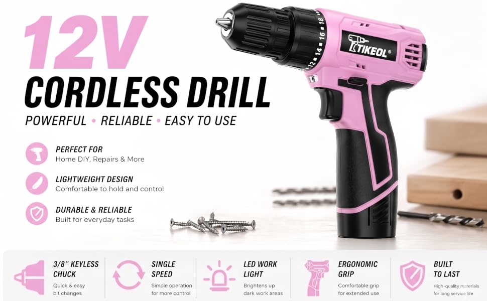 TIKEOL 12V Pink Drill: 3/8" keyless chuck, LED light. Perfect for home DIY & repairs.