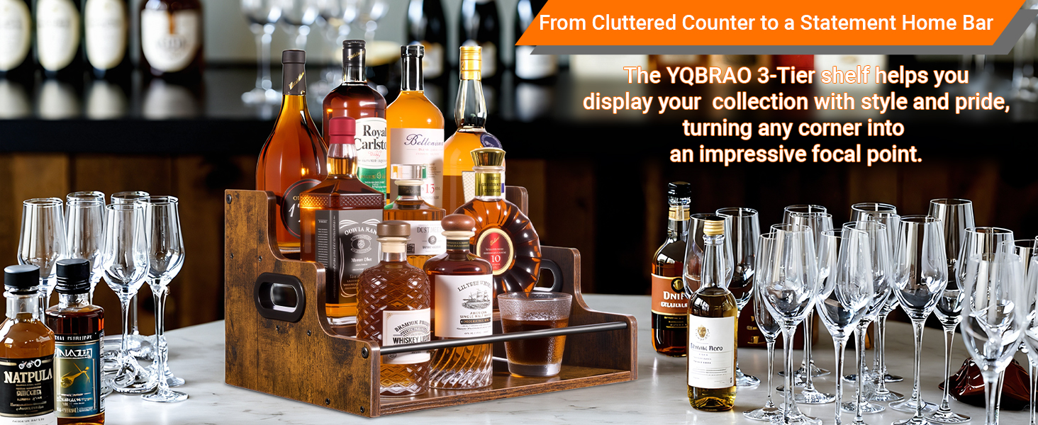 3 tier rustic wood liquor shelf for home bar, countertop organizer for alcohol bottles.