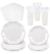 175 Pcs White Party Plates Cups and Napkins Set, 25 Guest White Party Supplies Include Scalloped ...