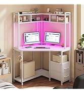 DurayLoly 35.4" W x 63" H Corner Desk with Hutch & LED Lights, Triangle Corner Desk and Computer ...
