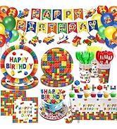 173 PCS Building Block Birthday Party Decorations - Plates, Napkins, Cups, Cutlery, Cake & Cupcak...