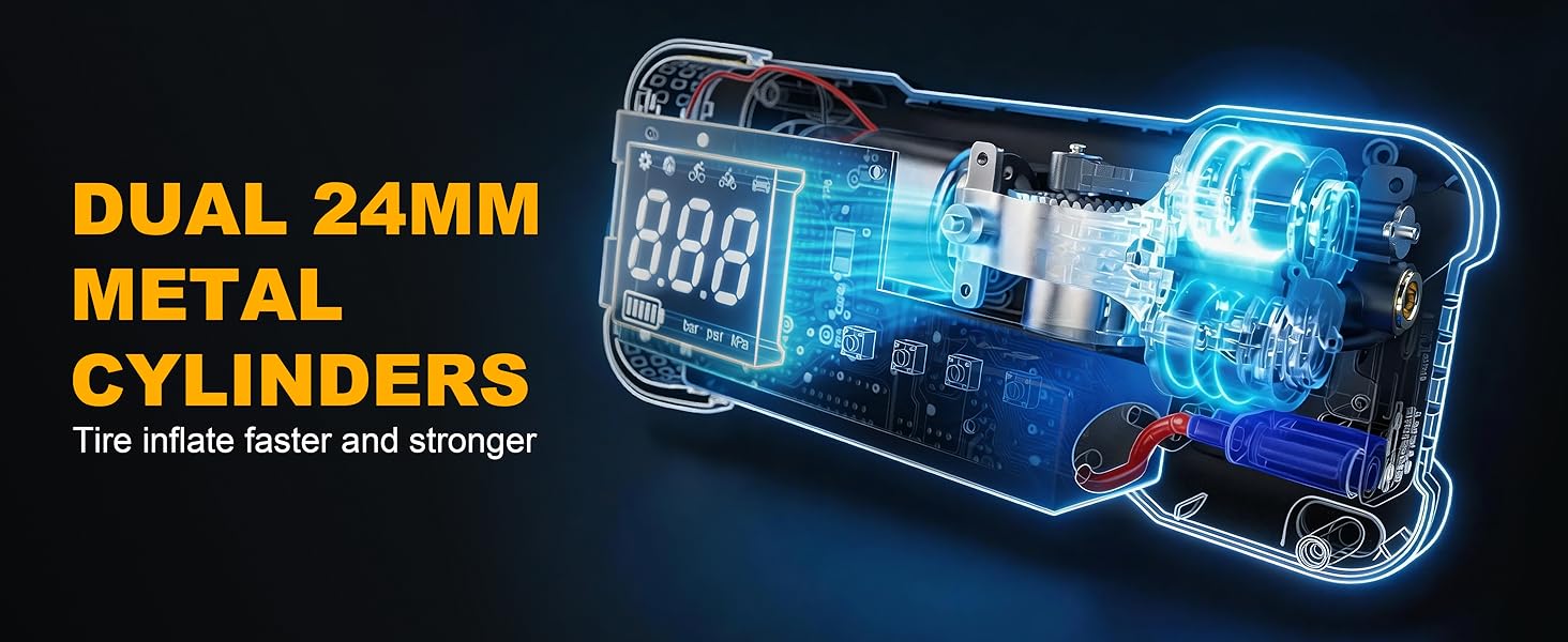 DUAL 24MM CYLINDERS,Tire inflate faster and stronger,150PSI cordless air pump for car tires