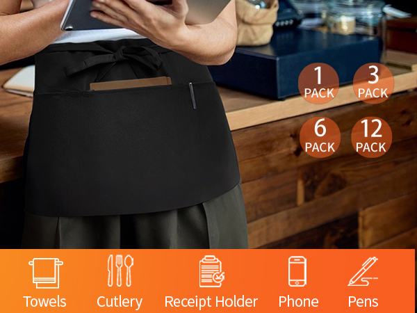 BOHARERS Waist Apron with 3 Pockets - Black Waitress Waiter Server Short Aprons