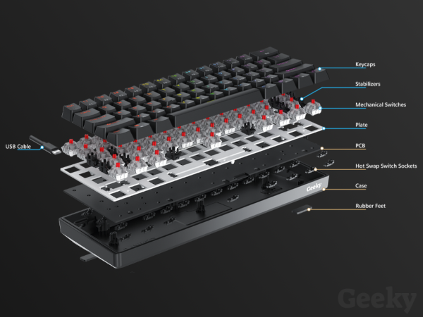Geeky gk61 Hotswap mechanical gaming keyboard 60% form factor dk61se gk61se gk 60% exploded view