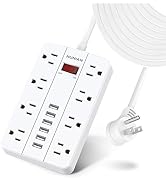 15 Ft Long Extension Cord Power Strip Surge Protector, HUNIAN Flat Plug with 8 Widely Spaced Outl...