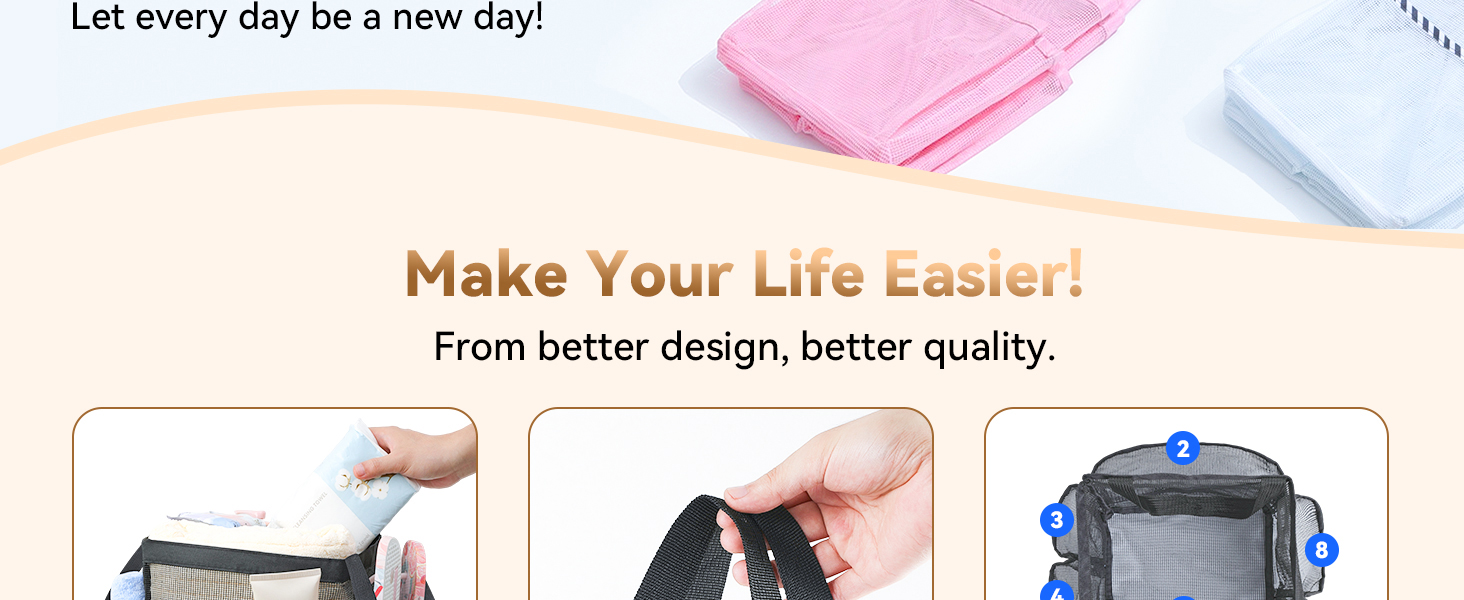 Heavy-duty nylon mesh Waterproof Large drainage hole Double handle Quick dry Key hook 2 tags