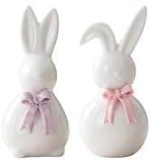 VIVIANYO HD Ceramic Rabbit Figurine 4.5inch White Porcelain Bunny Statue with Colorful Bow Small ...