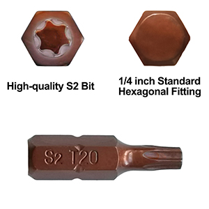 Hexagonal brown screwdriver bit with star-shaped recess, labeled 'High-quality S2 Bit'