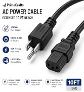 PrimeCrafts 10 ft AC power cable NEMA 5-15P to IEC C13 connectors, PVC , copper wire, TVs, PCs