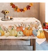 Arquiel Fall Watercolor Pumpkin Tablecloth Waterproof, Autumn Leaves Table Cloth Rectangle, Washa...