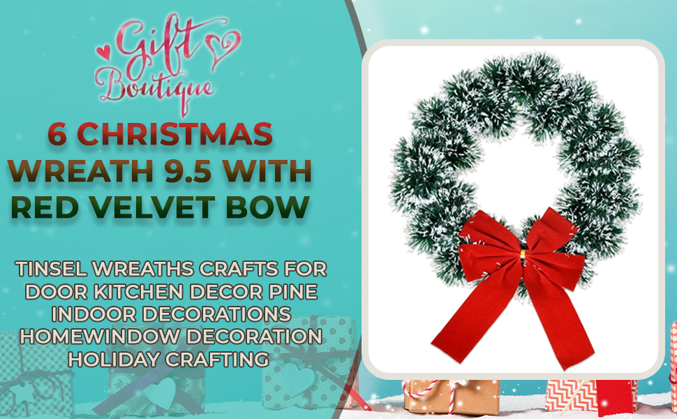 6 Christmas Wreath 9.5 with Red Velvet Bow Tinsel Wreaths Crafts