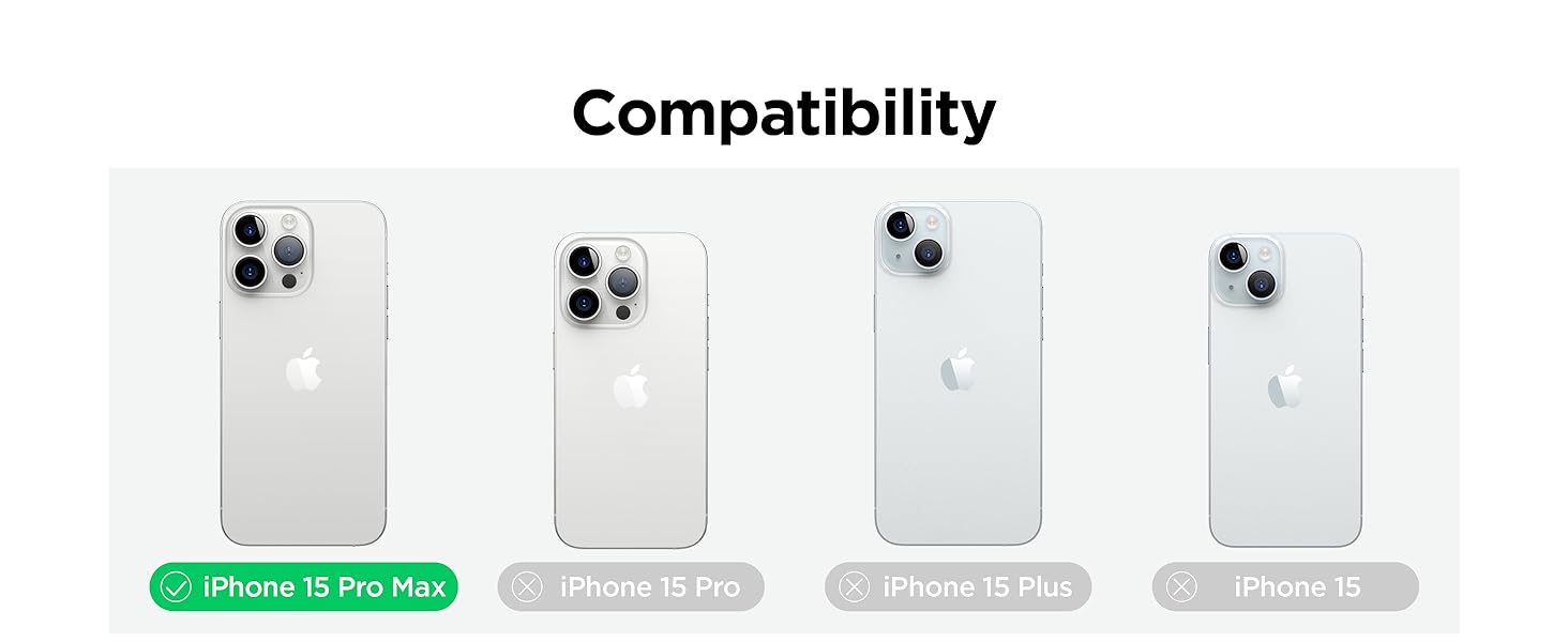 Compatibility chart showing four iPhone models: iPhone 15 Pro Max, iPhone 15 Pro, iPhone 15 Plus, and iPhone 15 in silver/white finish.