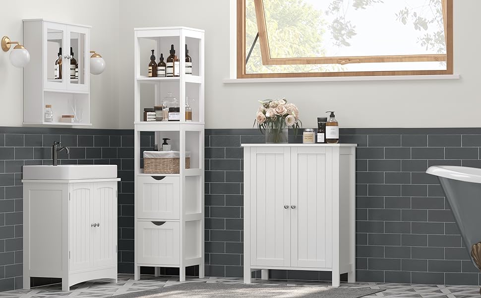 a bathroom with a white cabinet and a window