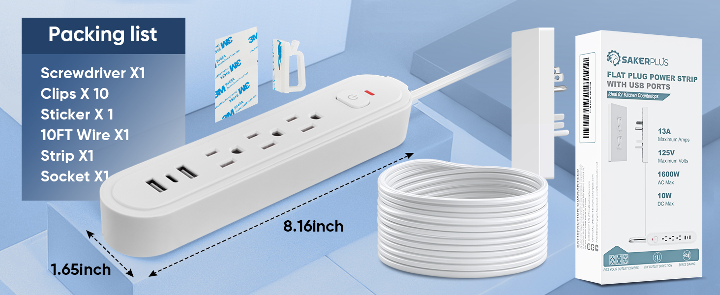 sakerplus flat power strip with usb ports
