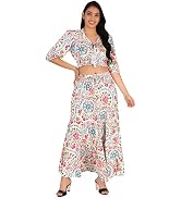 Hell Blues Women's 2 Pieces Casual 3/4 Sleeve Maxi Dress, Tie Knot V neck Crop Top ~ High Waist L...