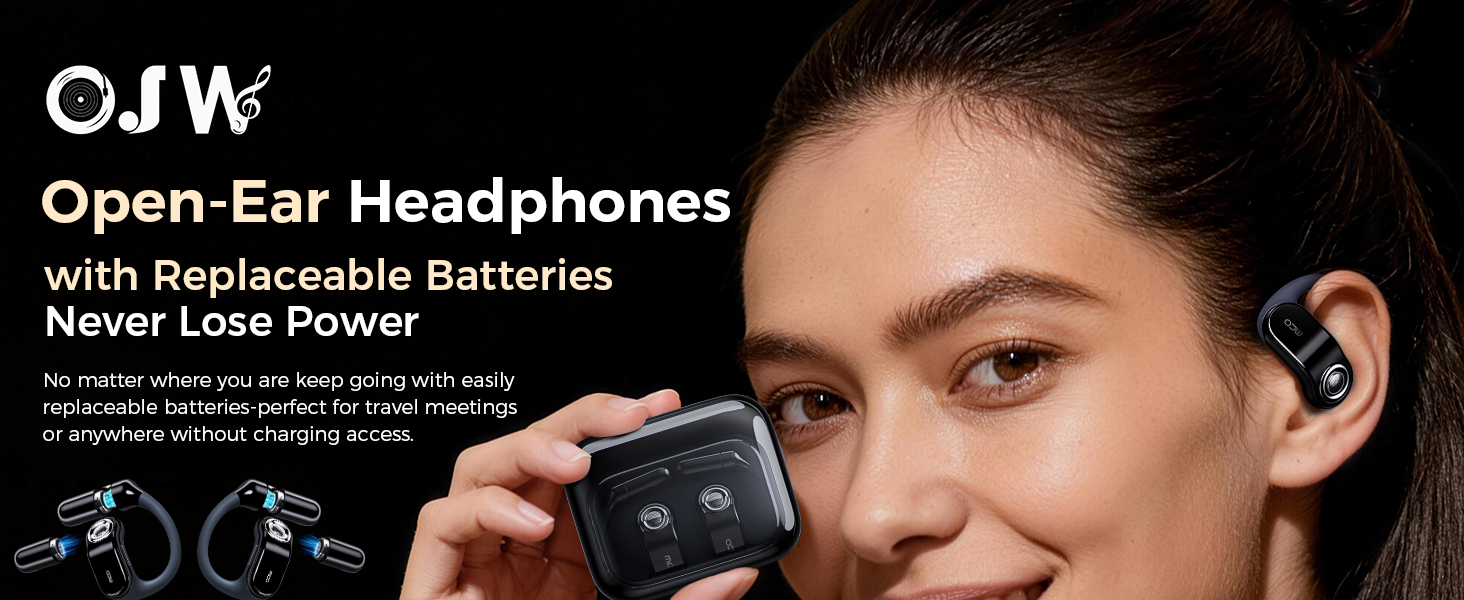 Poster image featuring a woman with headphones that have replaceable batteries – top half