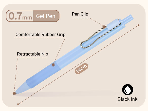 Light blue gel pen with 0.7mm tip, 14cm length, comfortable rubber grip, retractable nib, pen clip, and black ink. Product features labeled in diagram.