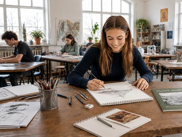 A student uses a SuFly top spiral sketchbook for pencil drawing during an art class.