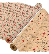 AhfuLife 2 Rolls Christmas Wrapping Paper, 17 Inch × 49.2 Feet Per Roll - Recyclable Kraft Xmas W...