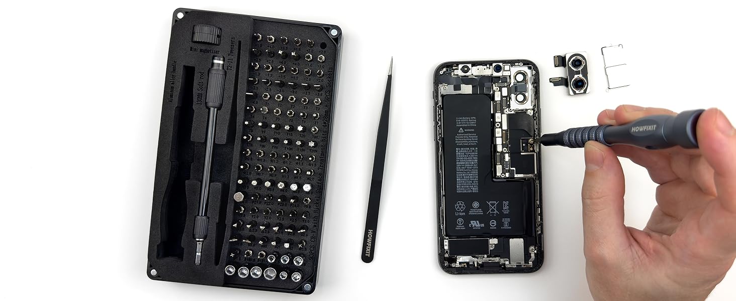 HowFixit PRO MAX precision screwdriver set open case, tweezers, and smartphone repair in progress