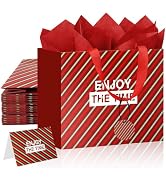 Biotakeware 14 Pack Red and Green Stripe Gift Bags with Handles, 13" Medium Non-Crease Paper Bags...