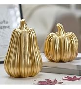 FESTGLOX Gold Fall Pumpkin Decor, Resin Pumpkin Figurines for Decorating | 2Pcs Decorative Pumpki...