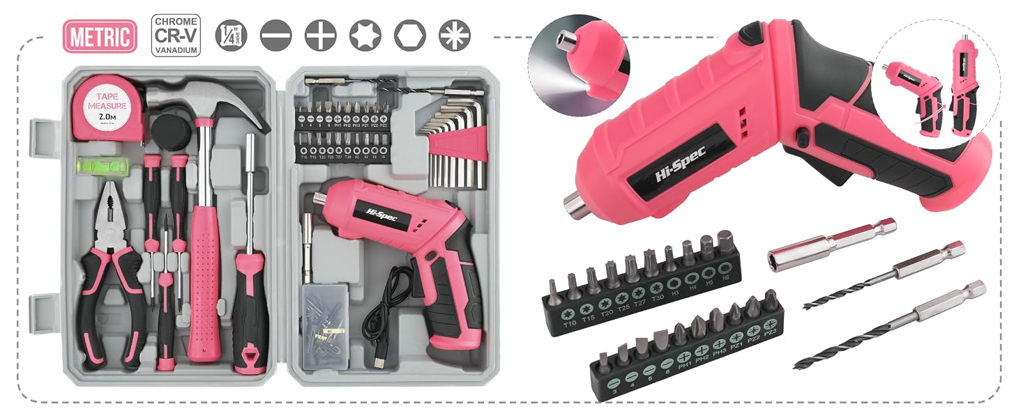 Hi-Spec Pink 42pc 4V USB Electric Power Screw Driver & Household Tool Kit Set