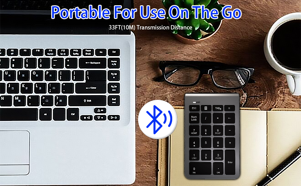 Text reads 'Portable For Use On The Go'. Multiple views of wireless keyboards and computer accessories on wooden surfaces, featuring Bluetooth connectivity.