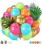 Tropical Balloons, 12 Inch Teal Metallic Gold Orange Pink Hot Fruit Green Balloons with Palm Leav...